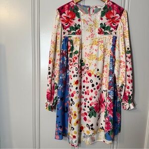 Umgee Women's Floral Mixed Print Crochet Trim Ruffle Dress Long sleeve Sz Large‎